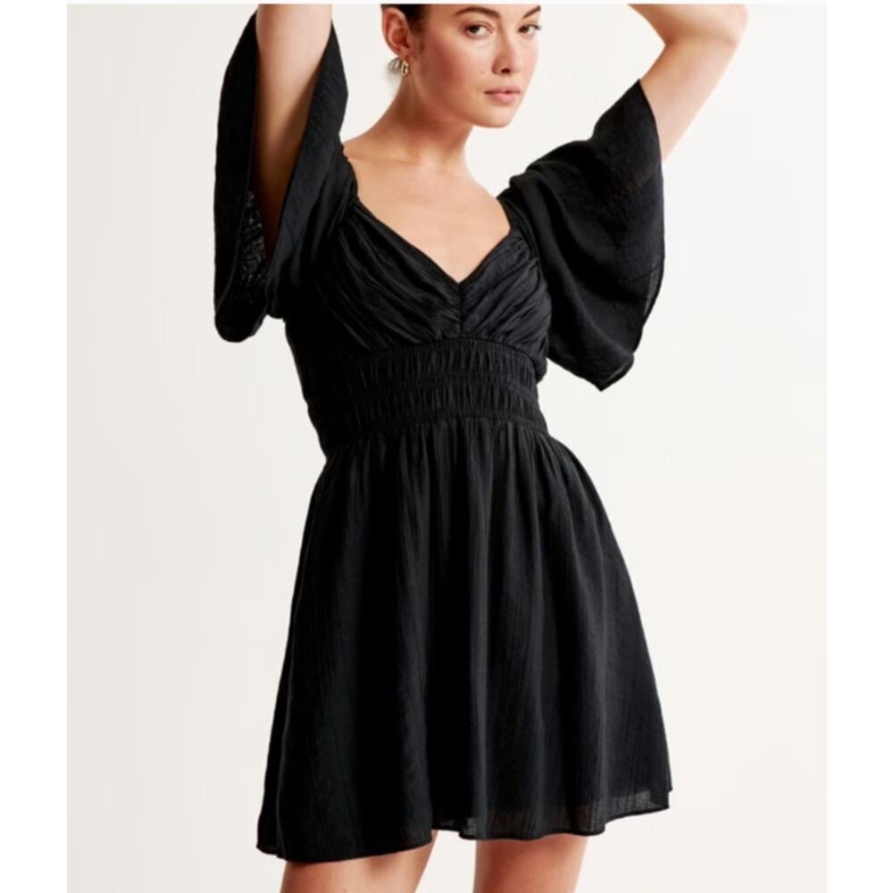 Abercrombie & Fitch Mini Dress Smocked Waist Tiered Black Womens XL Short Sleeve